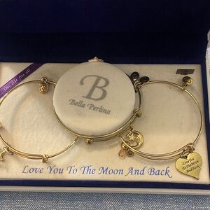 Bella Perlina Gold-Tone Charm Bangle Bracelet Set with Moon & Heart